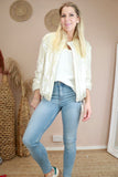 Pearlescent sequin bomber jacket