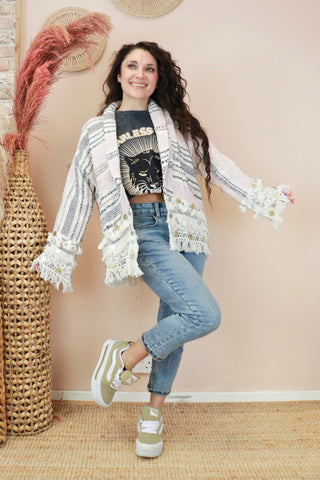 Tapestry kimono with fringed sleeves