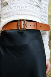 Leather belt with gold ornate buckle (Tan)